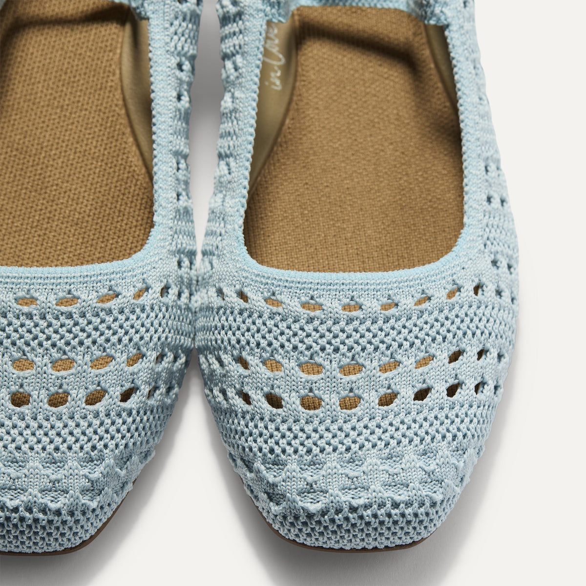Top view of the square toe and rounded vamp of The Max Square Mary Jane in Powder Blue Crochet.