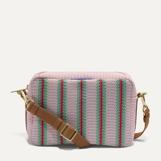 PDP | The Crossbody Camera Bag in Watermelon Market Stripe, shown from the front.