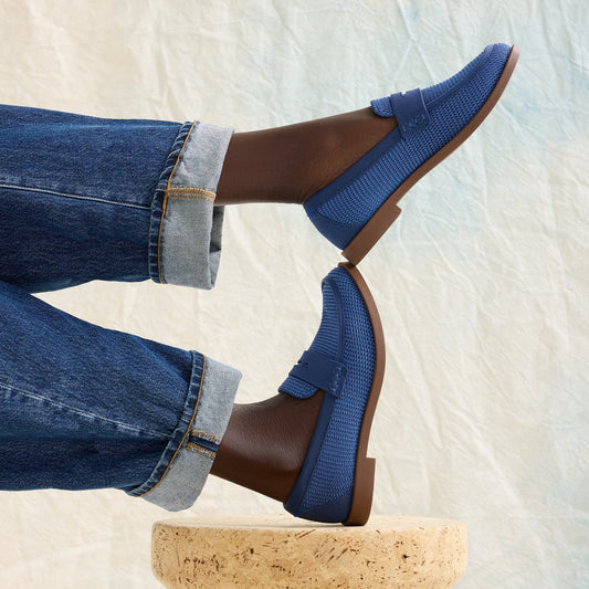 hover | Model wearing The Penny Loafer in Blue Raffia-Knit.