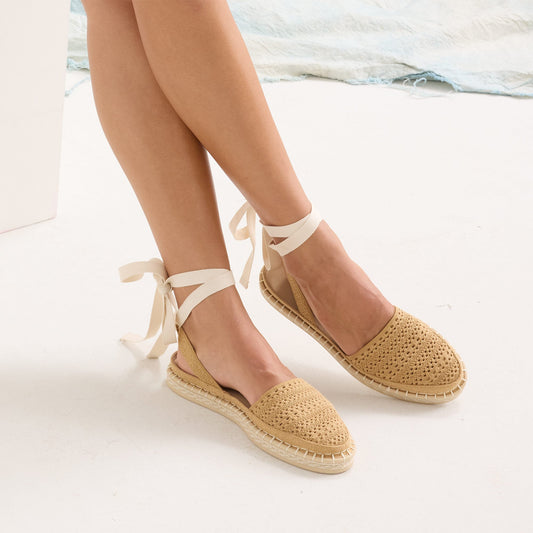 hover | Model wearing The D'Orsay Espadrille in Camel Crochet.