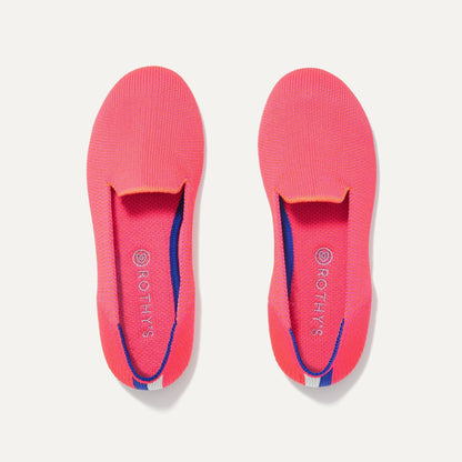 A pair of The Kids slip-on Loafers in Flamingo shown from the top view.