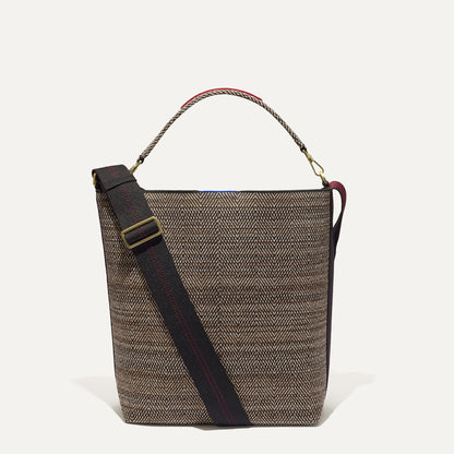 PLP |The Bucket Bag in Cacao Herringbone shown from the front.