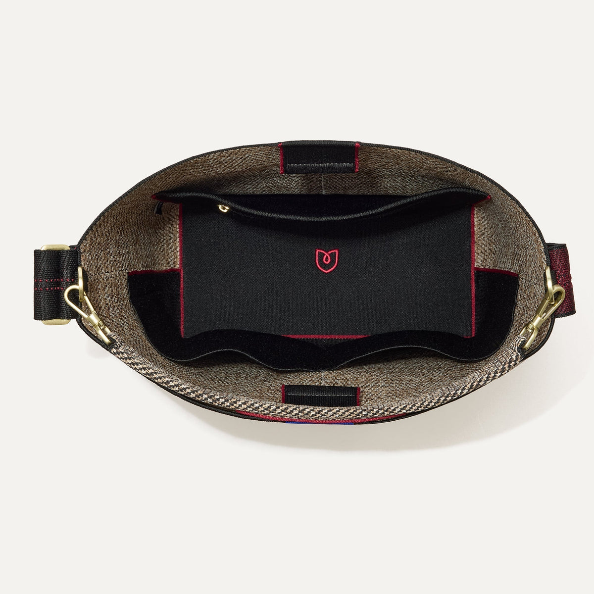 The Bucket Bag in Cacao Herringbone shown from the top with base insert.
