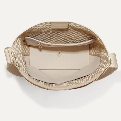 The Bucket Bag in Knot Brown shown from the top with base insert.