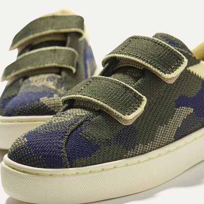 Close up of the vamp of The Kids Strap Sneaker in Spruce Camo.