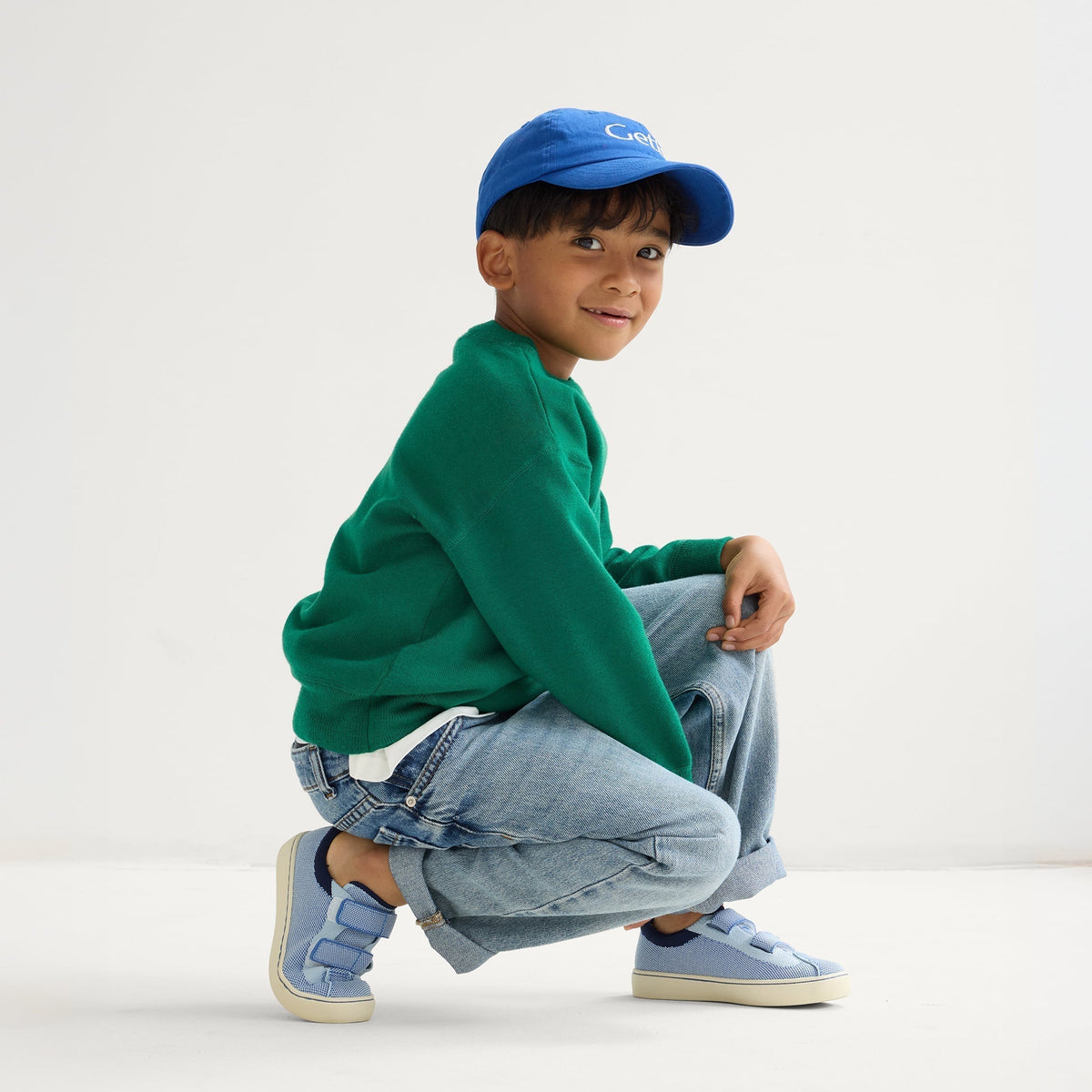 model | Alternate image of a girl modeling The Kids Strap Sneaker in Berry Blue.