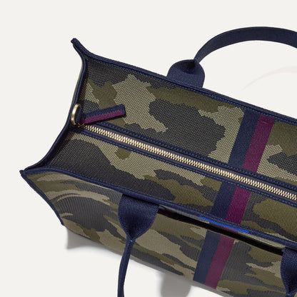 The Classic Tote in Spruce Camo, shown from above, with the top zipper closed.