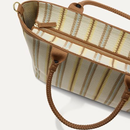 The Lightweight Zip Tote in Sunbeam Market Stripe, focusing on the zip closure and handles.