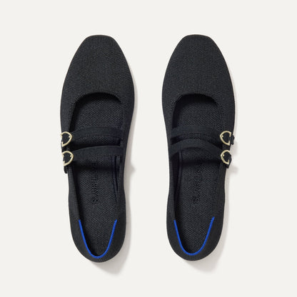 The Double Buckle Mary Jane in Black shown from the top.