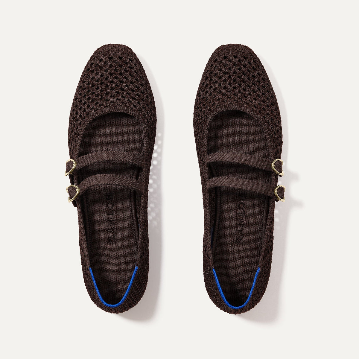 The Double Buckle Mary Jane in Chocolate Mesh shown from the top.
