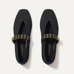 The Max Buckle Mary Jane in Black shown from the top.