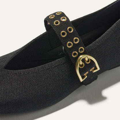 Top view of the square toe and V-shaped vamp of The Max Buckle Mary Jane in Black.