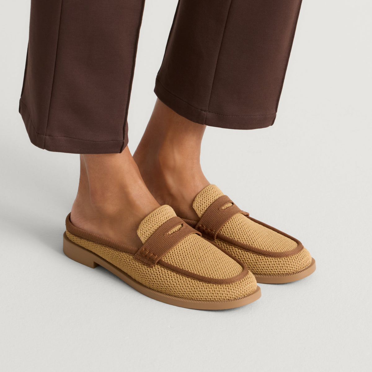 hover | Model wearing The Penny Loafer Mule in Wheat Raffia-Knit.