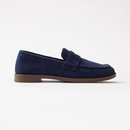side | The Penny Loafer in ReVelvet Navy shown from the side.