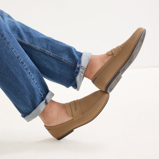 hover | Model wearing The Ravello Penny Loafer in Morel.