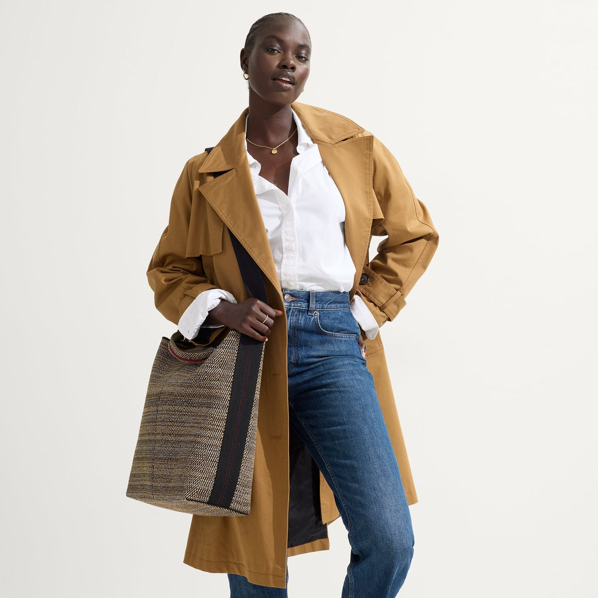 hover | The Bucket Bag in Cacao Herringbone shown on model.