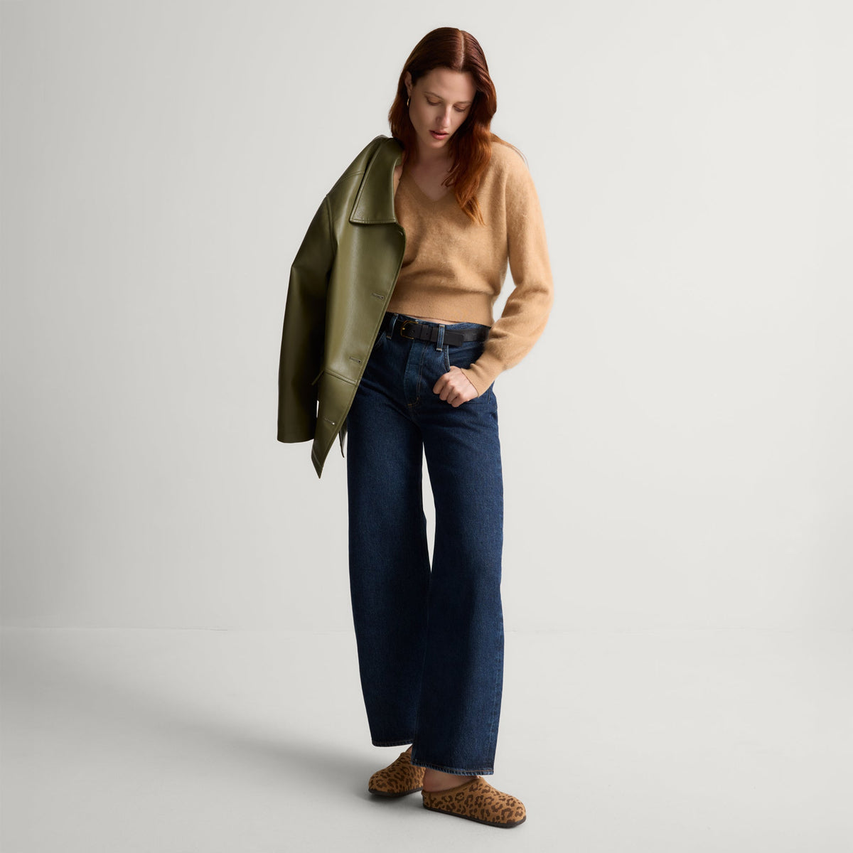 model | Alternate view of a model wearing The Casual Clog in ReVelvet™ Khaki Cat.