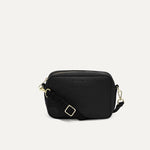 PLP |The Crossbody Camera Bag in Black Licorice Open-Knit, shown from the front.