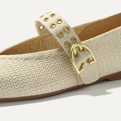 Top view of the square toe and V-shaped vamp of The Max Buckle Mary Jane in Cream Woven.
