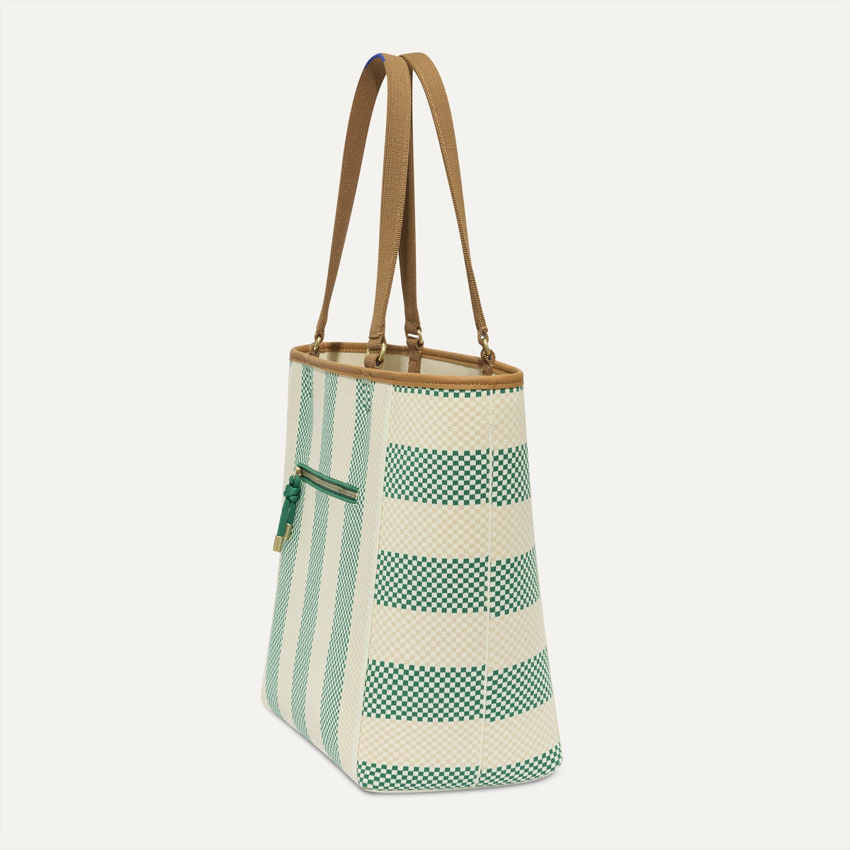 The Two-Way Tote in Ivy, shown from the side.