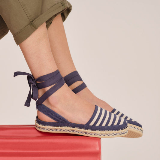 hover | Model wearing The D'Orsay Espadrille in Deep Sea Stripe.