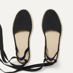 Overlay:: Removable ankle straps! | Alt:: The D'Orsay Espadrille in Black shown from the top.
