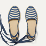 Overlay:: Removable ankle straps! | Alt:: The D'Orsay Espadrille in Deep Sea Stripe shown from the top.