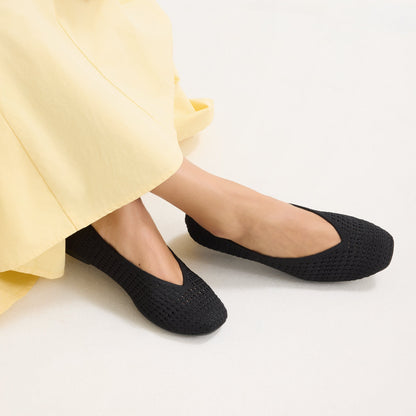 hover | Model wearing The Max Square Ballerina in Black Mesh.