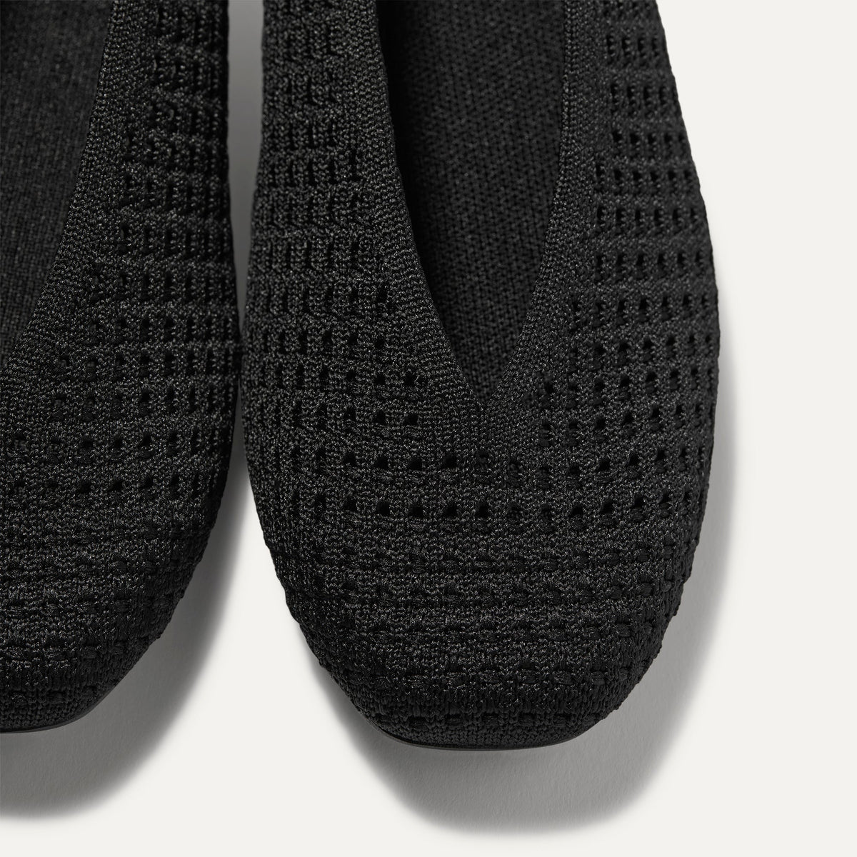 Close up of the toe and V-shaped vamp on The Max Square Ballerina in Black Mesh.