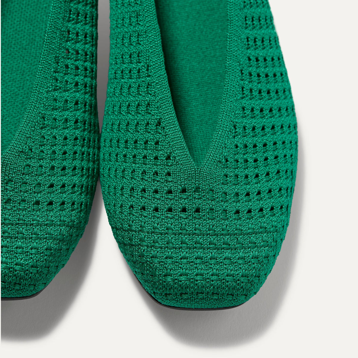 Close up of the toe and V-shaped vamp on The Max Square Ballerina in Clover Mesh.