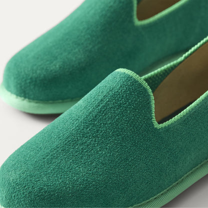 The Mini Loafer in ReVelvet™ Peapod view with detailing of the front of the shoe.