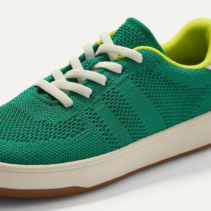 Overlay::Stretchy, No-Tie Laces | Alt::Close up of the vamp and laces of The Kids Stretch Sneaker in Emerald Pop.