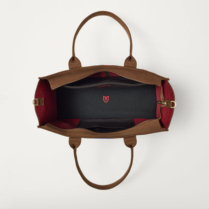 The Classic Tote in ReVelvet Cinnamon Stripe, shown from above, with the interior exposed.