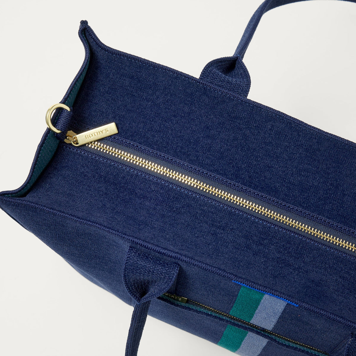 The Classic Tote in ReVelvet Peacock, shown from above, with the top zipper closed.