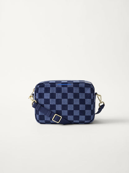 PLP | The Crossbody Camera Bag in ReVelvet™ Blue Ink, shown from the front.